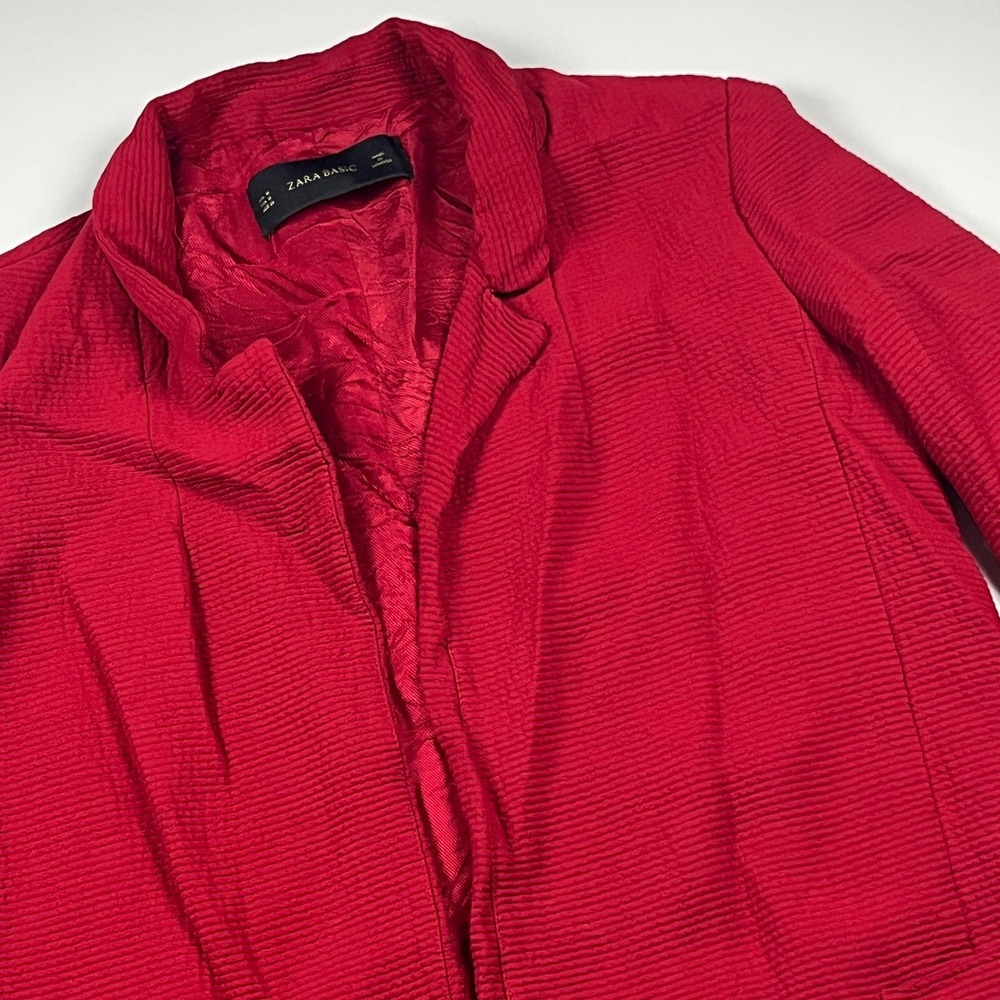 Zara Basic Ribbed Open Front Blazer Size M Red Soft 3/4 Sleeve Lined Jacket